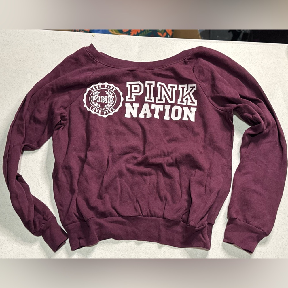 Victoria secret PINK maroon sweater with wide cut neck. Size small, white logo.